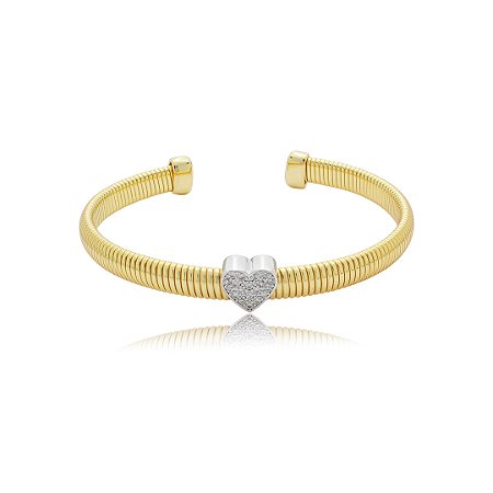 Bracelete coração com detalhe cravejado de zircônia cristal banho em ouro 18k