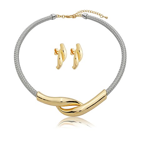 Conjunto de brinco e colar liso banho duplo