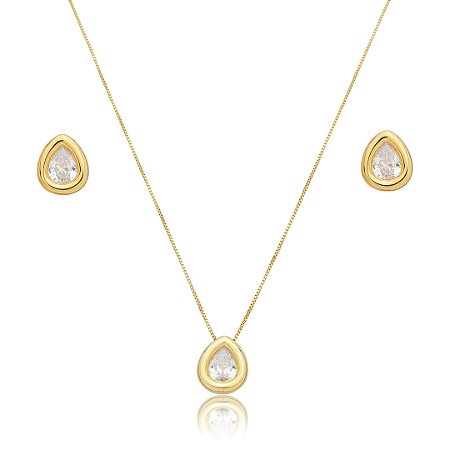 Conjunto de brinco e colar cravejado de zircônia cristal banho em ouro 18k