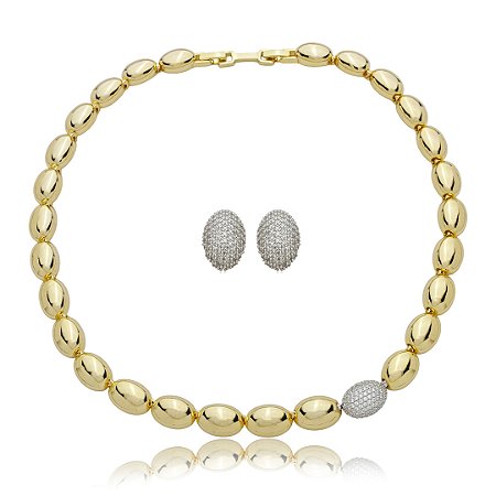Conjunto de brinco e colar cravejado de zircônia cristal banho em ouro 18k