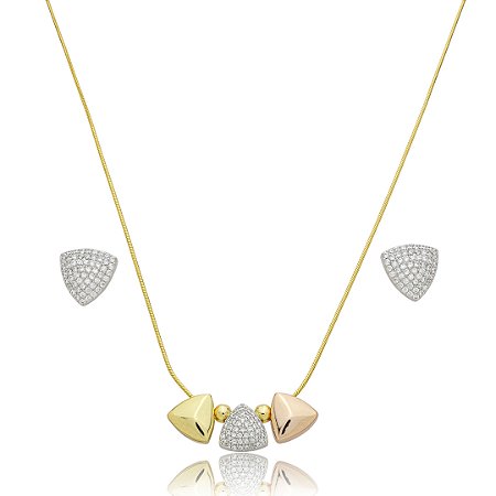 Conjunto de brinco e colar cravejado de zircônia cristal banho em ouro 18k