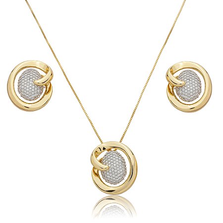 Conjunto de brinco e colar cravejado de zircônia cristal banho em ouro 18k