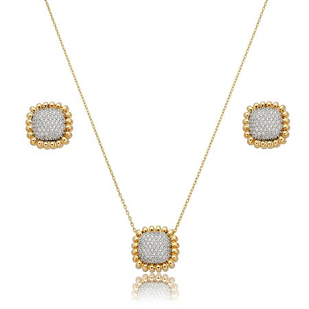 Conjunto de brinco e colar cravejado de zircônia cristal banho em ouro 18k