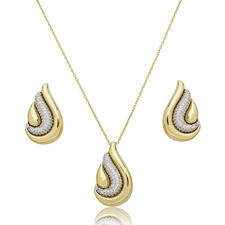 Conjunto de brinco e colar cravejado de zircônia cristal banho em ouro 18k