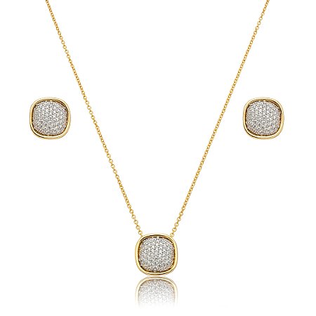 Conjunto de brinco e colar cravejado de zircônia cristal banho em ouro 18k