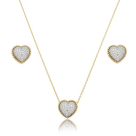 Conjunto de brinco e colar de coração cravejado de zircônia cristal banho em ouro 18k