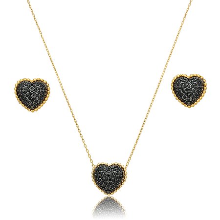 Conjunto de brinco e colar de coração cravejado de zircônia ônix banho em ouro 18k