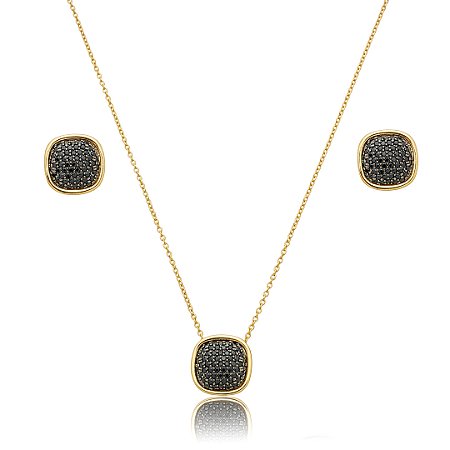 Conjunto de brinco e colar cravejado de zircônia ônix banho em ouro 18k