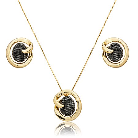 Conjunto de brinco e colar cravejado de zircônia ônix banho em ouro 18k