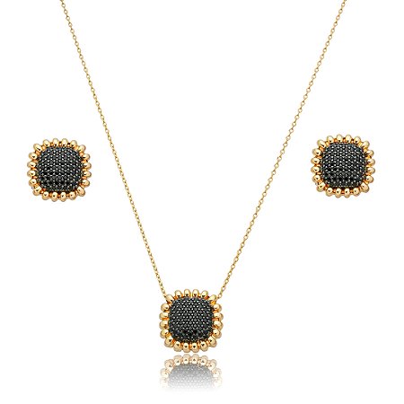 Conjunto de brinco e colar cravejado de zircônia ônix banho em ouro 18k