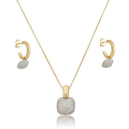 Conjunto de brinco e colar acetinado cravejado de zircônia cristal banho em ouro 18k