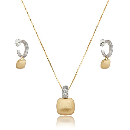 Conjunto de brinco e colar acetinado cravejado de zircônia cristal banho em ouro 18k