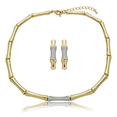 Conjunto de brinco e colar cravejado de zircônia cristal banho em ouro 18k