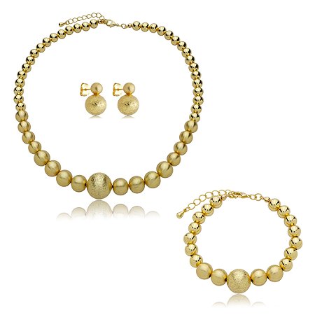 Conjunto de brinco colar e pulseira liso escovado banho em ouro 18k