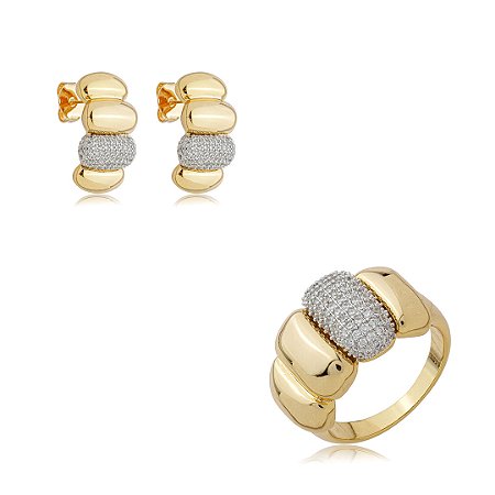 Conjunto de brinco e anel cravejado de zircônia cristal banho em ouro 18k
