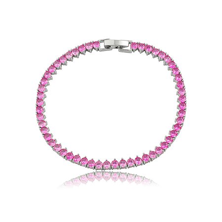 Pulseira de riviera cravejado de zircônia pink banho em Ródio branco