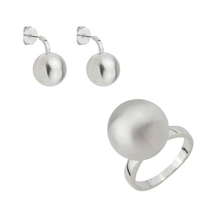 Conjunto de brinco e anel liso acetinado banho em ródio branco