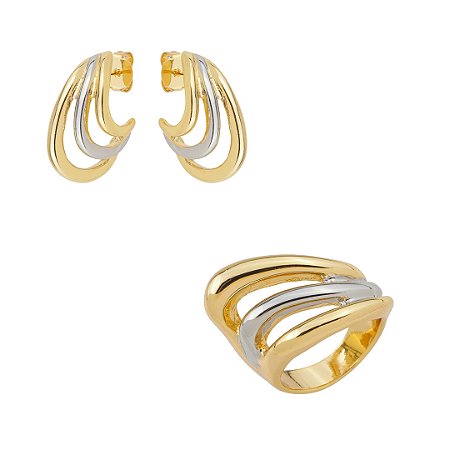Conjunto de anel e brinco liso banho duplo