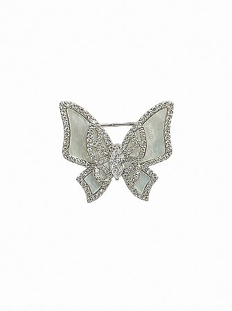 Broche de borboleta cravejado de zircônia cristal e madre pérola banho em ródio branco