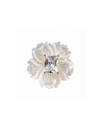 Broche de flor cravejado de zircônia cristal e madre pérola banho em ródio branco