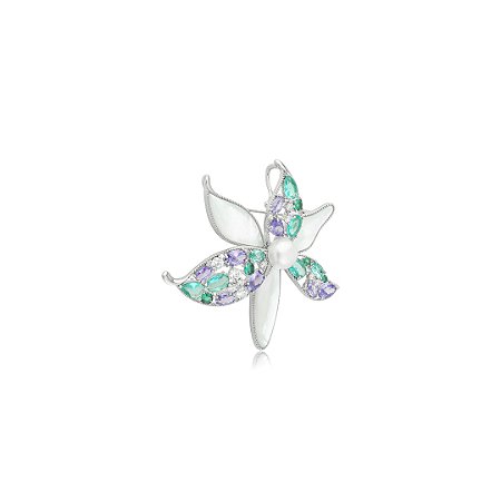Broche de flor cravejado de zircônia e madre pérola banho em ródio branco