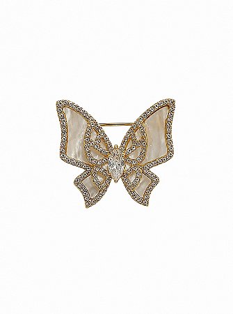 Broche de borboleta cravejado de zircônia cristal e madre pérola banho em ouro 18k