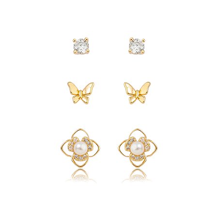 Brinco de trio com zircônia cristal banho em ouro 18k