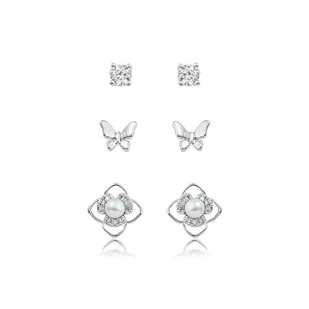 Brinco de trio com zircônia cristal banho em ródio branco