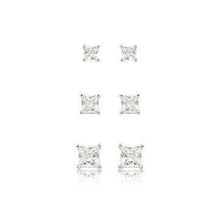 Brinco de trio cravejado de zircônia cristal banho em ródio branco