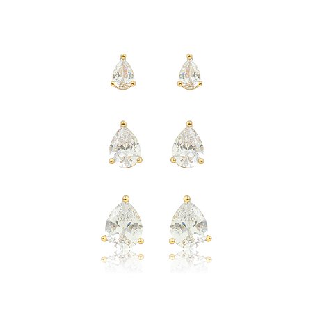 Brinco de trio gota cravejado de zircônia cristal banho em ouro 18k