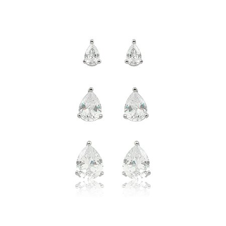 Brinco de trio gota cravejado de zircônia cristal banho em ródio branco