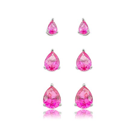 Brinco de trio gota cravejado de zircônia pink banho em ródio branco