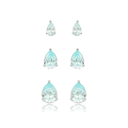 Brinco de trio gota cravejado de zircônia acqua banho em ródio branco