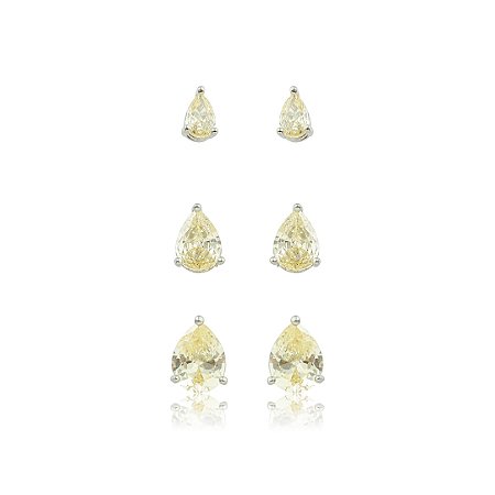 Brinco de trio gota cravejado de zircônia yellow fancy banho em ródio branco