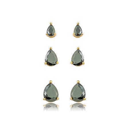 Brinco de trio gota cravejado de zircônia ônix banho em ouro 18k