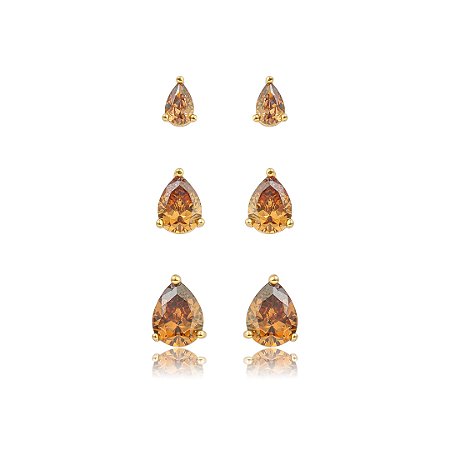 Brinco de trio gota cravejado de zircônia granada banho em ouro 18k