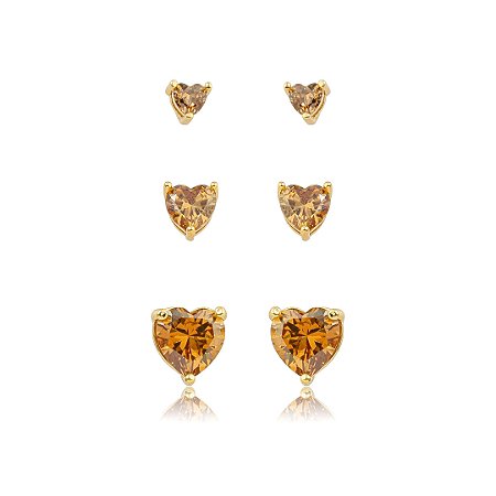 Brinco de trio coração cravejado de zircônia granada banho em ouro 18k