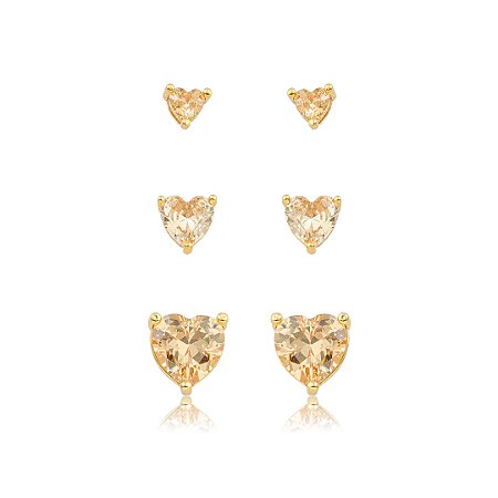 Brinco de trio coração cravejado de zircônia citrino banho em ouro 18k
