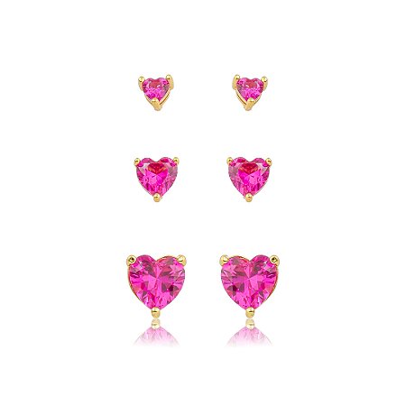 Brinco de trio coração cravejado de zircônia pink banho em ouro 18k