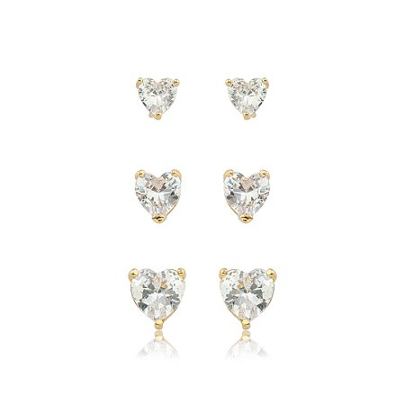 Brinco de trio coração cravejado de zircônia cristal banho em ouro 18k