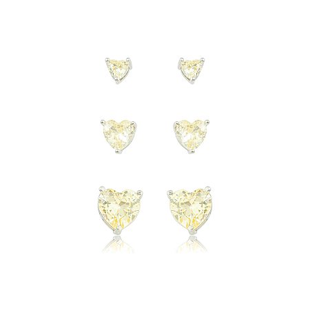Brinco de trio coração cravejado de zircônia yellow fancy banho em ródio branco