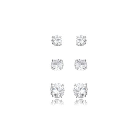 Brinco de trio cravejado de zircônia 5A cristal banho em ródio branco