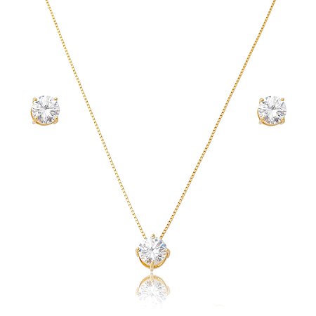 Conjunto de brinco e colar cravejado de zircônia 5A cristal banho em ouro 18k