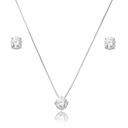 Conjunto de brinco e colar cravejado de zircônia 5A cristal banho em ródio branco