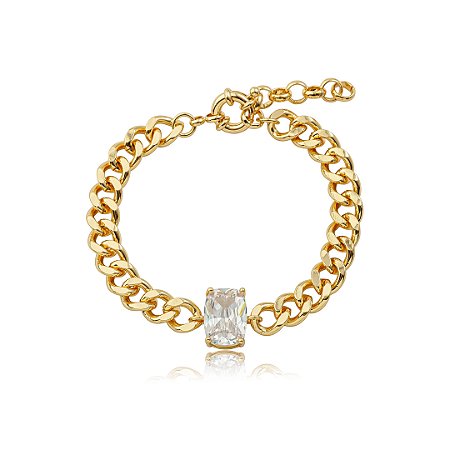 Pulseira de corrente com detalhe cravejado de zircônia cristal banho em ouro 18k