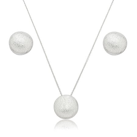 Conjunto de brinco e colar liso escovado banho em ródio branco