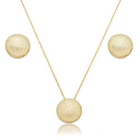 Conjunto de brinco e colar liso escovado banho em Ouro 18k