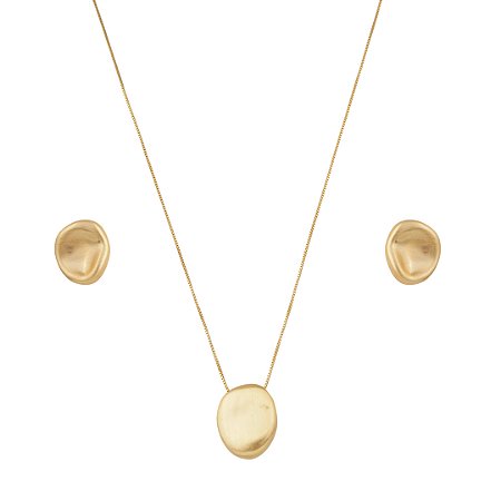 Conjunto de brinco e colar orgânico liso acetinado banho em ouro 18k