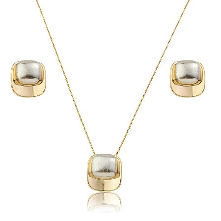 Conjunto de brinco e colar liso banho duplo