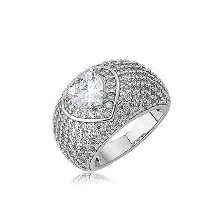Anel de coração cravejado de zircônia cristal banho em ródio branco